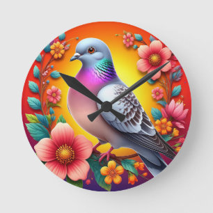 Reloj Redondo Mediano Paloma Colorida Rodeada de Flores Vibrantes