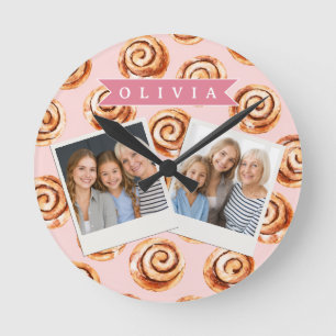 Reloj Redondo Mediano Panadería personalizada de rollos de canela rosado