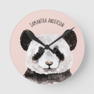 Reloj Redondo Mediano Panda Acuático Moderno Con Nombre Y Rosa Pastel
