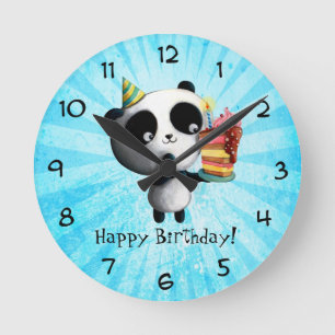 Reloj Redondo Mediano Panda de cumpleaños lindo con pastel