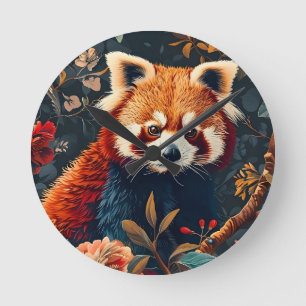 Reloj Redondo Mediano Pandá Rojo Bosque Antiguo Patrón Floral Jardín