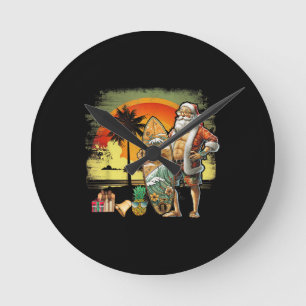 Reloj Redondo Mediano Papá Noel de Surf de Verano Tropical 6 Pack Navida