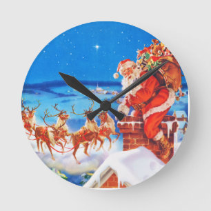 Reloj Redondo Mediano Papá Noel En La Azotea En La Nieve