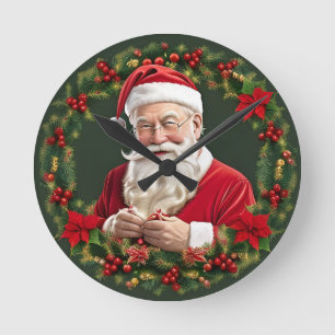 Reloj Redondo Mediano Papá Noel en una guirnalda festiva