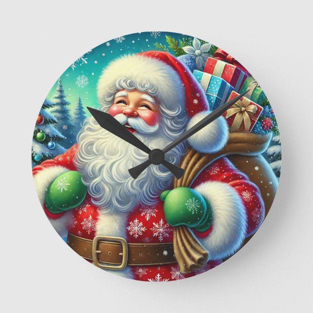 Reloj Redondo Mediano Papá Noel festivo con un saco de regalo (Anverso)