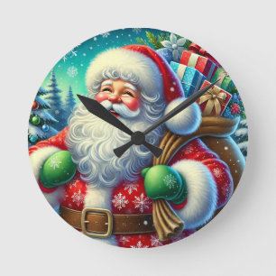 Reloj Redondo Mediano Papá Noel festivo sosteniendo una bolsa de regalos