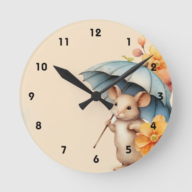 Reloj Redondo Mediano Paraguas azul del ratón naranja flores vieja Papel (Anverso)