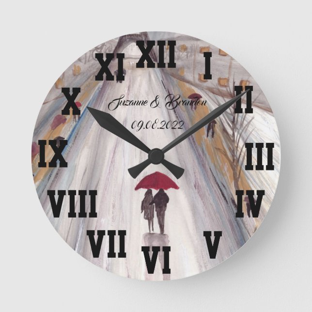 Reloj Redondo Mediano Paraguas Rojo Amor Pareja Números romanos Boda Tor (Anverso)