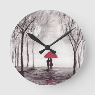 Reloj Redondo Mediano Paraguas rojo pareja de enamorados rústico románti