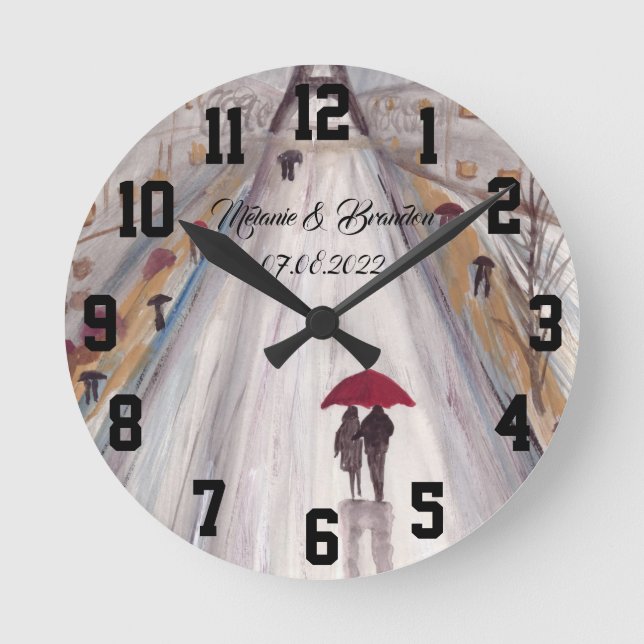 Reloj Redondo Mediano Paraguas rojos Amor pareja rústica romántica Boda (Anverso)