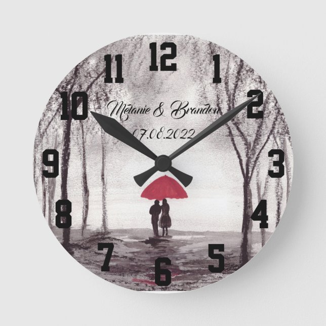 Reloj Redondo Mediano Paraguas rojos Amor pareja rústico romántico Boda  (Anverso)