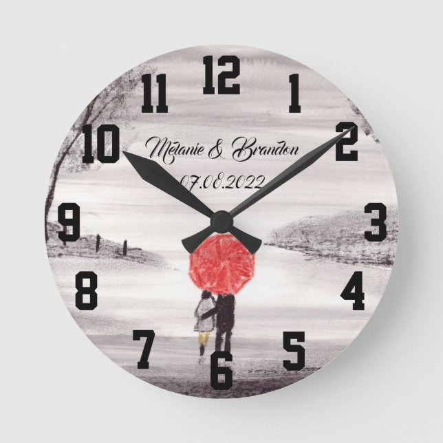 Reloj Redondo Mediano Paraguas rojos Amor pareja rústico romántico Boda  (Anverso)