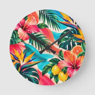 Reloj Redondo Mediano Paraíso Botánico de Hibisco Tropical Arte