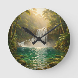 Reloj Redondo Mediano Paraiso de la selva con cascada tropical exuberant