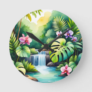 Reloj Redondo Mediano Paraíso de orquídeas de cascada de jungla tropical