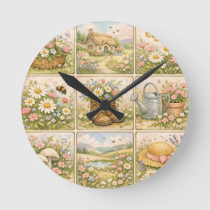 Reloj Redondo Mediano Parche de jardín de flores silvestres Cottagecore
