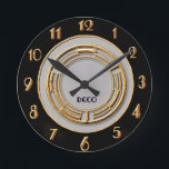 Reloj Redondo Mediano Pared circular Art Deco<br><div class="desc">He creado otro reloj de estilo art déco. Este es un reloj de pared de 8 x 8 pulgadas. He usado los típicos colores Art Deco, oro, negro y gris. El patrón circular en el medio es de una plantilla Art Deco que coloreé en oro. Esto sería adecuado para la...</div>