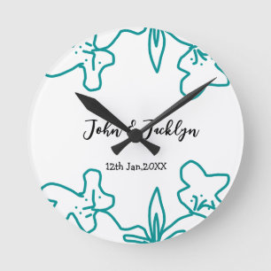 Reloj Redondo Mediano Pareja de boda azul turquesa nombre fecha flstylis