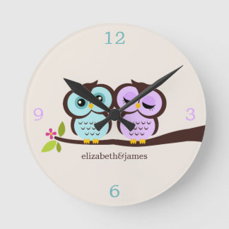 Reloj Redondo Mediano Pareja de búho morado y Aqua