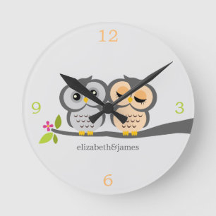 Reloj Redondo Mediano Pareja de lechuza gris y plata