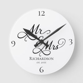 Reloj Redondo Mediano Pareja de recién casados personalizada Sr. y Sra. 