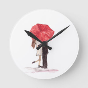 Reloj Redondo Mediano Pareja enamorada bajo paraguas rojos