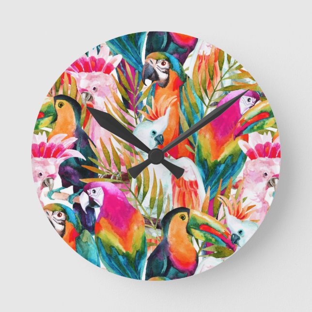 Reloj Redondo Mediano Parrots & Palm Leaves (Anverso)