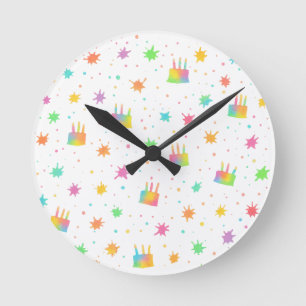 Reloj Redondo Mediano Pastel al agua de cumpleaños Arcoíris Pintura Colo