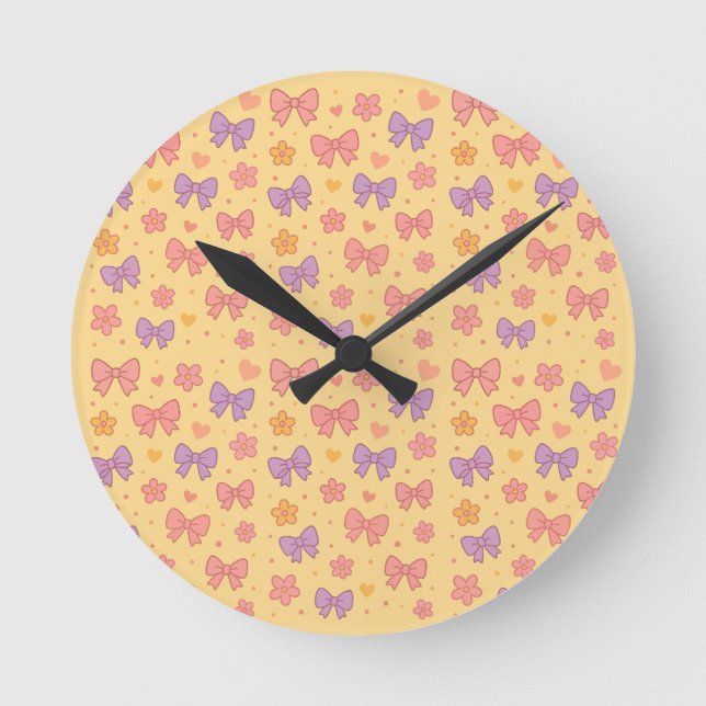 Reloj Redondo Mediano Pastel Bows & Flowers Pattern – Cute Yellow Girly  (Anverso)