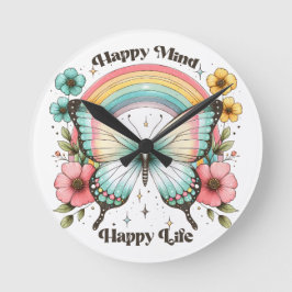 Reloj Redondo Mediano Pastel Hippie "Happy Mind Happy Life"