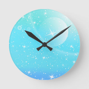 Reloj Redondo Mediano Pastel Starry Sky Blue Gradient Moon Galaxy Design
