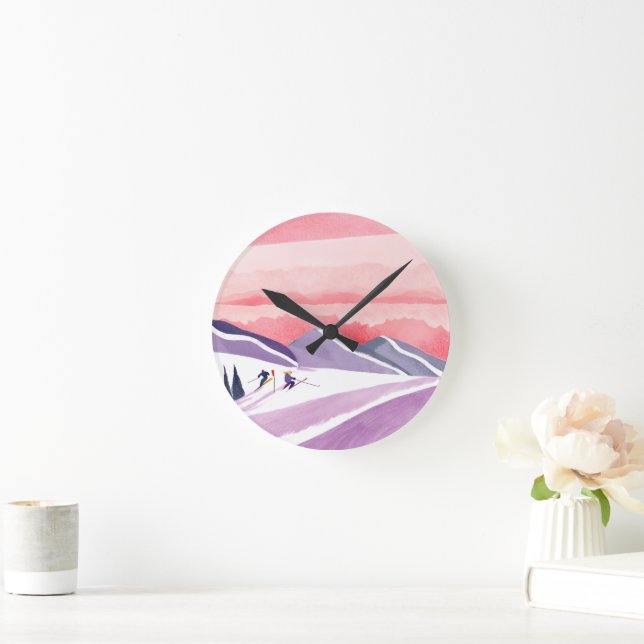 Reloj Redondo Mediano Pastel Watercolor Ski Mountain Sunset (Hogar)