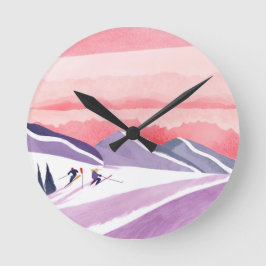 Reloj Redondo Mediano Pastel Watercolor Ski Mountain Sunset
