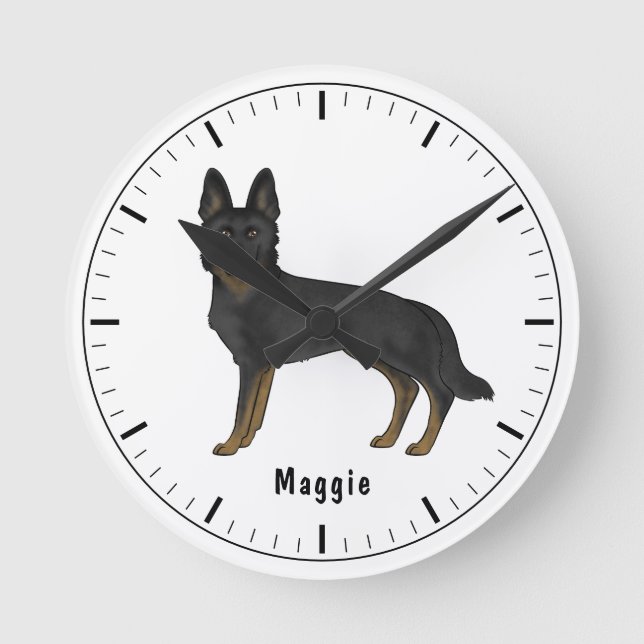 Reloj Redondo Mediano Pastor Alemán Bi- Negro Perro Lindo Con Texto Pers (Anverso)