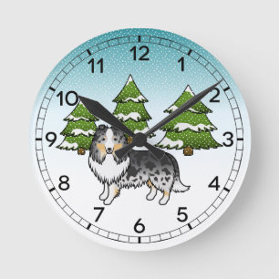 Reloj Redondo Mediano Pastor de Shetland Blue Merle en un bosque inverna