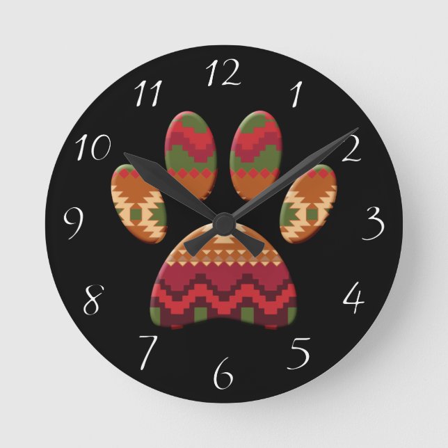 Reloj Redondo Mediano Pata de perro con patrón azteca (Anverso)
