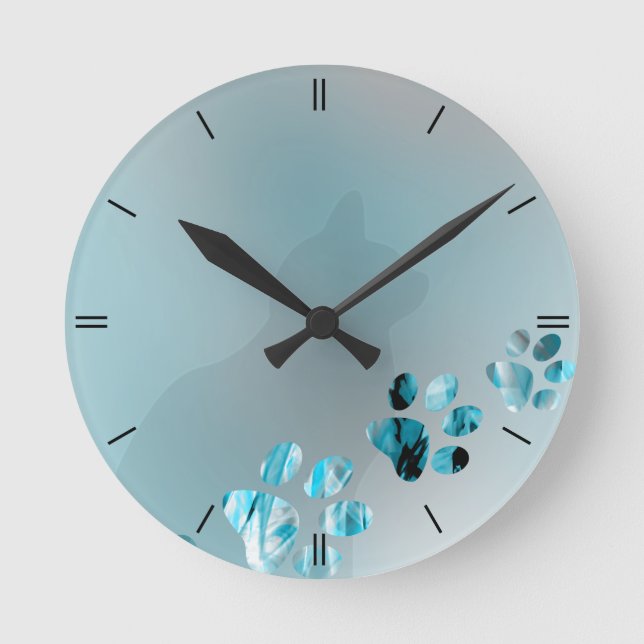 Reloj Redondo Mediano Pata del gato azul clara (Anverso)