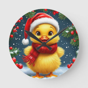Reloj Redondo Mediano Patito Amarillo Festivo con Gorro de Santa