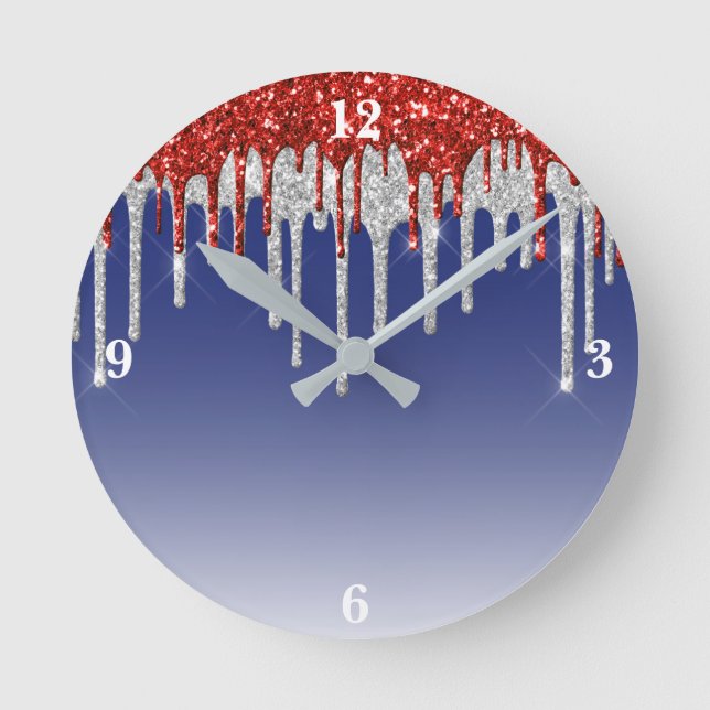 Reloj Redondo Mediano Patriotic Red White Glitter Drip Blue (Anverso)