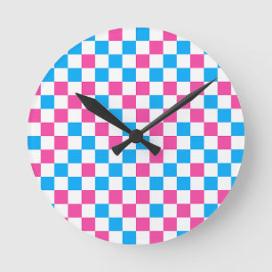 Reloj Redondo Mediano Patrón a cuadros rosa, azul y blanco