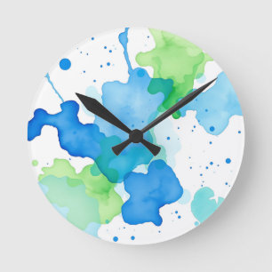 Reloj Redondo Mediano Patrón abstracto de acuarela azul verde