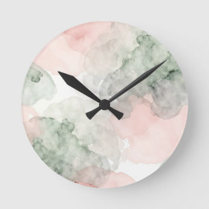 Reloj Redondo Mediano Patrón abstracto de acuarela en rosa suave y verde
