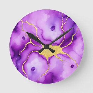 Reloj Redondo Mediano Patrón abstracto de mármol dorado púrpura