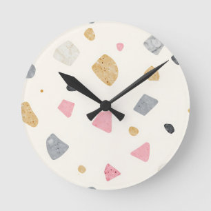 Reloj Redondo Mediano Patrón abstracto de terraczo rosa gris oro