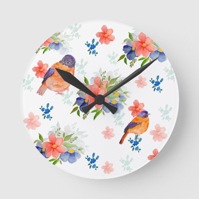 Reloj Redondo Mediano Patrón acuarela con aves y flores (Anverso)