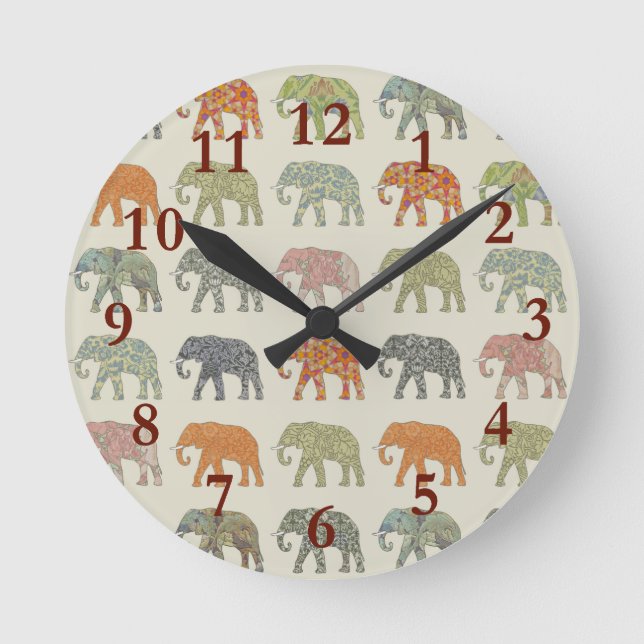 Reloj Redondo Mediano Patrón animal elefante colorido contemporáneo (Anverso)