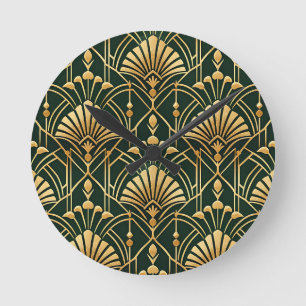 Reloj Redondo Mediano Patrón Art Déco de Oro Esmeralda