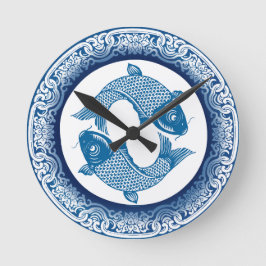 Reloj Redondo Mediano Patrón azul Koi Carp Fish Chinoiserie