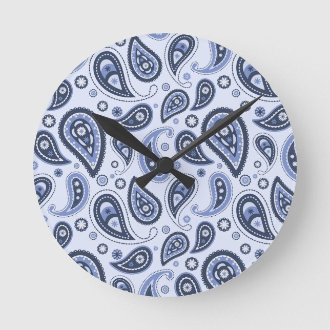 Reloj Redondo Mediano Patrón azul paisley (Anverso)