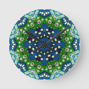 Reloj Redondo Mediano Patrón azul verde retro mosaico de Mandala